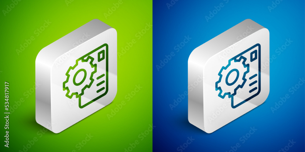 Isometric line Neural network icon isolated on green and blue background. Artificial intelligence AI. Silver square button. Vector Isometric line Neural network icon isolated on green and blue background. Artificial intelligence AI. Silver square button. Vector