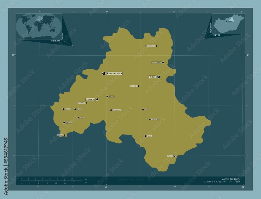 Heves, Hungary. Solid. Labelled points of cities