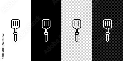 Set line Barbecue spatula icon isolated on black and white, transparent background. Kitchen spatula icon. BBQ spatula sign. Barbecue and grill tool. Vector