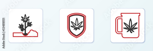 Set line Cup tea with marijuana, Planting and Shield and icon. Vector