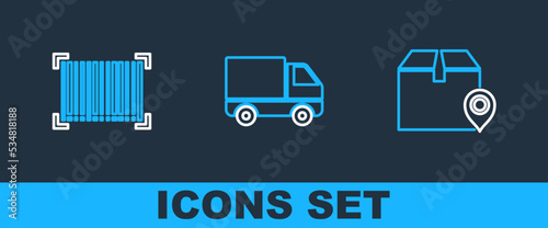 Set line Location with cardboard box, Barcode and Delivery cargo truck vehicle icon. Vector