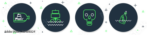 Set line Ship, Skull, Bottle with ship inside and message water icon. Vector