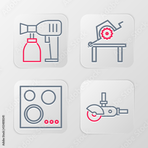 Set line Angle grinder, Gas stove, Table saw for woodwork and Paint spray gun icon. Vector