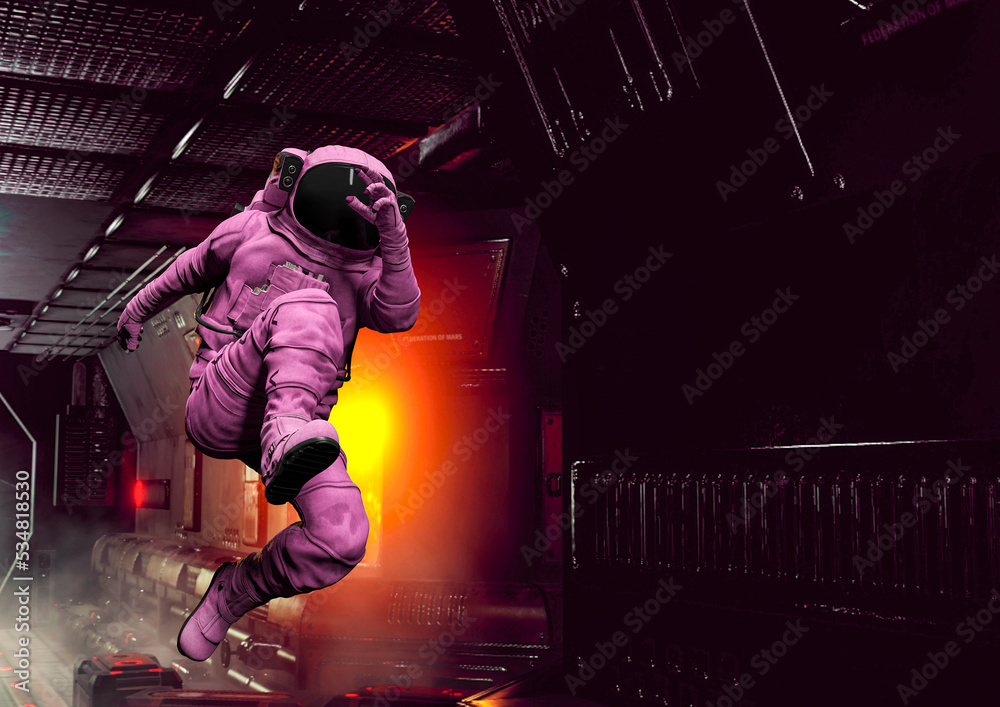 astronaut is jumping on the corridor in sci-fi spaceship background with copy space