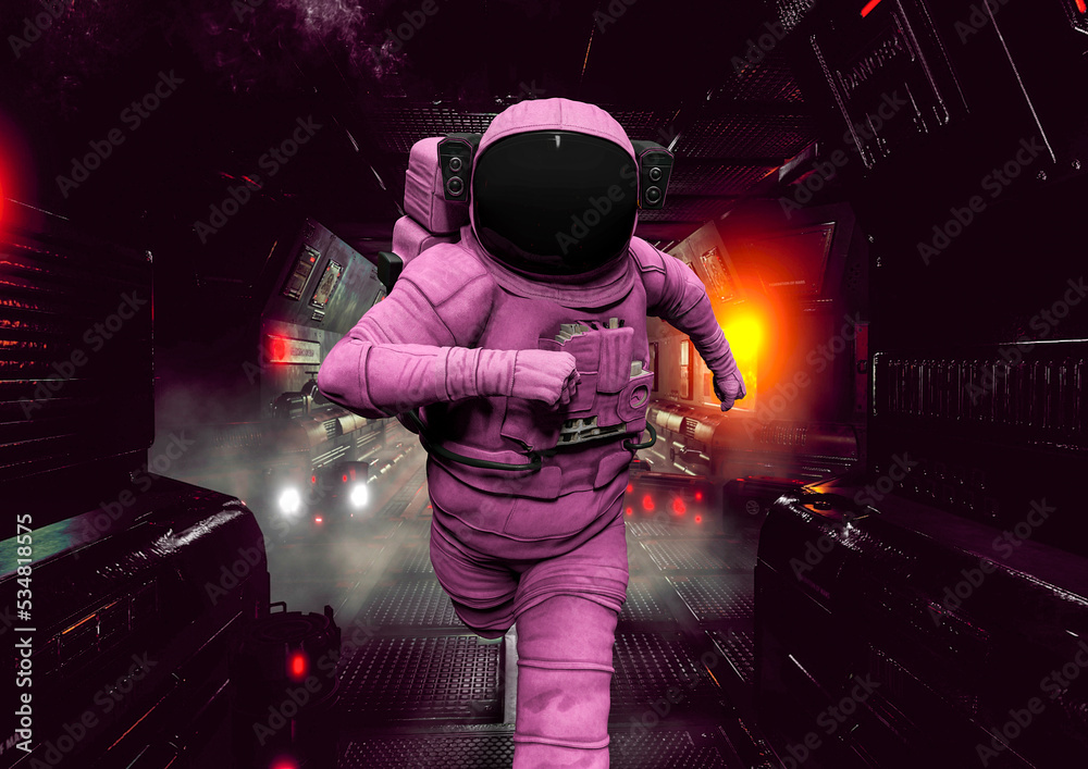 astronaut is running on the corridor in sci-fi spaceship background close up view