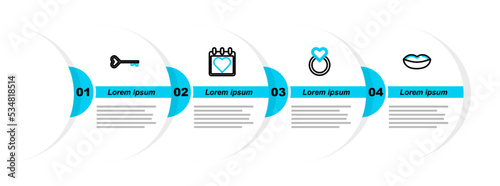 Set line Smiling lips, Wedding rings, Calendar with heart and Key shape icon. Vector