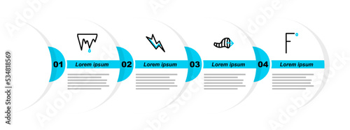 Set line Fahrenheit, Cone meteorology windsock wind vane, Lightning bolt and Icicle icon. Vector