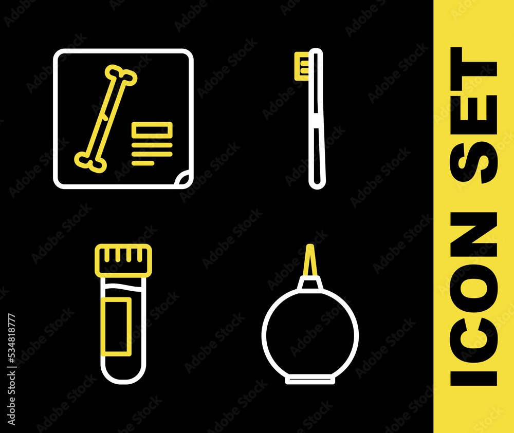 Set line Toothbrush, Enema, Test tube with blood and X-ray shots icon. Vector Set line Toothbrush, Enema, Test tube with blood and X-ray shots icon. Vector