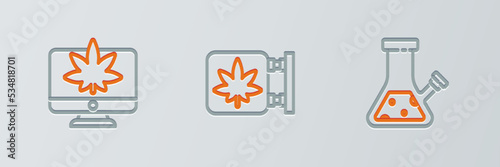 Set line Glass bong for smoking cannabis, Monitor and marijuana and Marijuana store icon. Vector