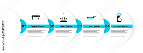 Set line Spray bottle with detergent liquid, Brush for cleaning, Mop and Bathtub icon. Vector