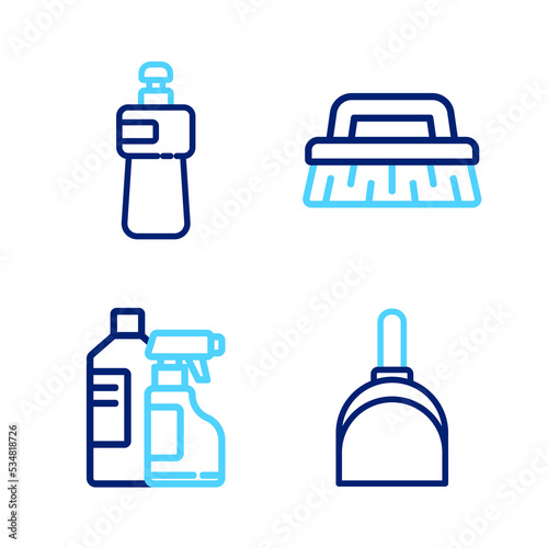 Set line Dustpan, Bottles for cleaning agent, Brush and Dishwashing liquid bottle icon. Vector