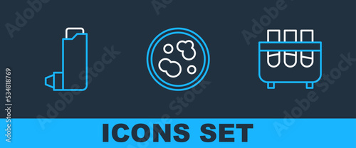 Set line Test tube and flask, Inhaler and Petri dish with bacteria icon. Vector