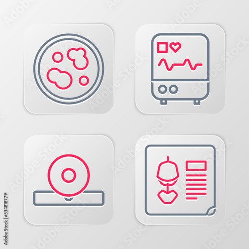 Set line X-ray shots, Otolaryngological head reflector, Monitor with cardiogram and Petri dish bacteria icon. Vector