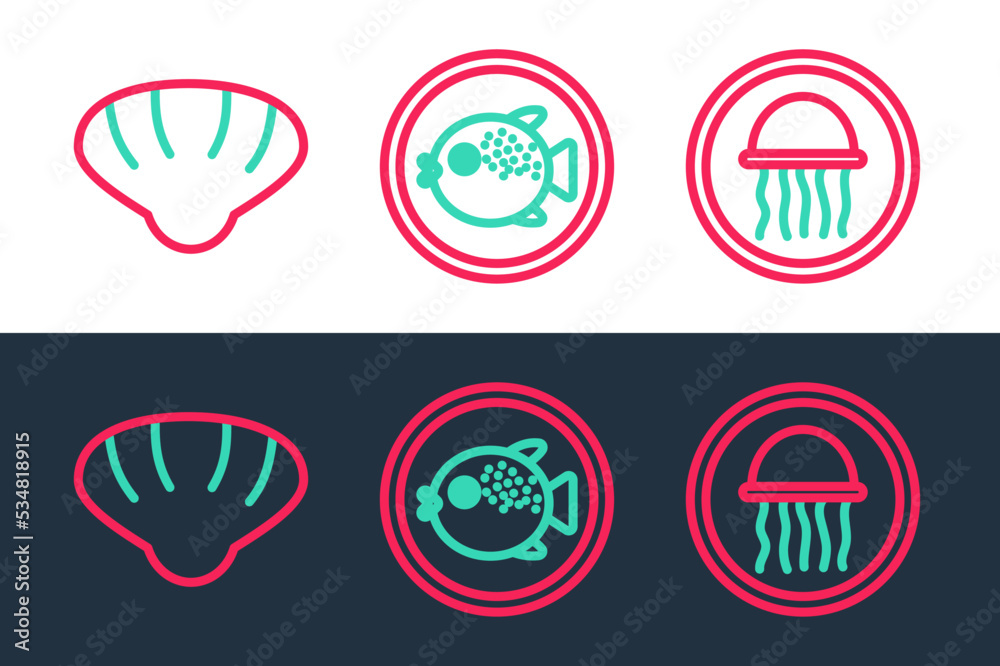 Set line Jellyfish on a plate, Scallop sea shell and Puffer icon. Vector Set line Jellyfish on a plate, Scallop sea shell and Puffer icon. Vector