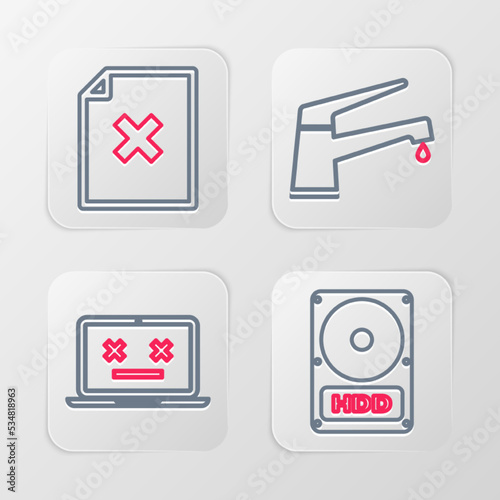 Set line Hard disk drive HDD, Dead laptop, Water tap and Delete file document icon. Vector