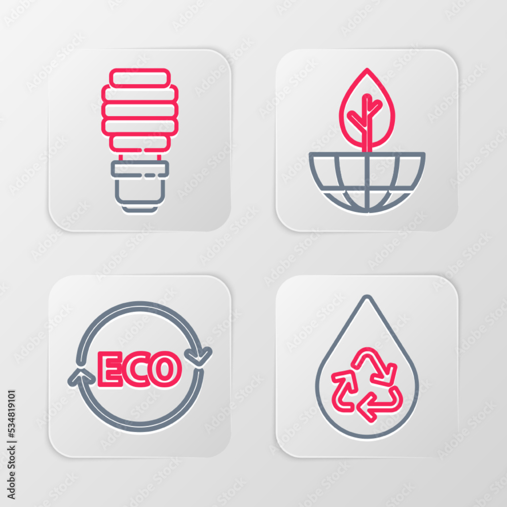Set line Recycle clean aqua, Label for eco healthy food, Earth globe and plant and LED light bulb icon. Vector Set line Recycle clean aqua, Label for eco healthy food, Earth globe and plant and LED light bulb icon. Vector
