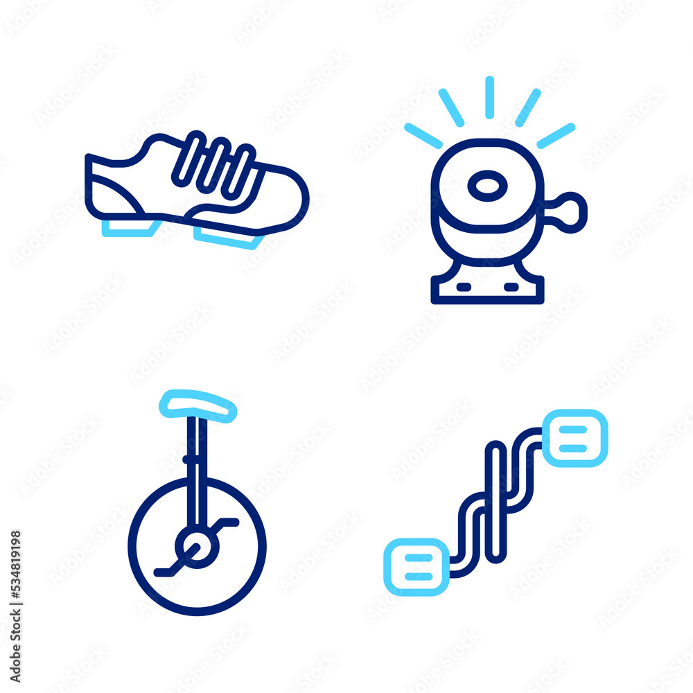 Set line Bicycle pedals, Unicycle or one wheel bicycle, bell and shoes icon. Vector Set line Bicycle pedals, Unicycle or one wheel bicycle, bell and shoes icon. Vector