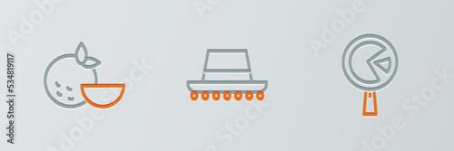 Set line Omelette in frying pan, Orange fruit and Spanish hat icon. Vector