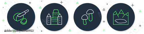 Set line Chateau Frontenac hotel, Mushroom, Peameal bacon and Canadian lake icon. Vector