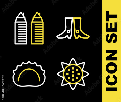 Set line Ukrainian footwear, Sunflower, Dumplings and Two towers Dnipro icon. Vector