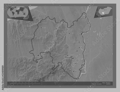 Tolna, Hungary. Grayscale. Labelled points of cities photo