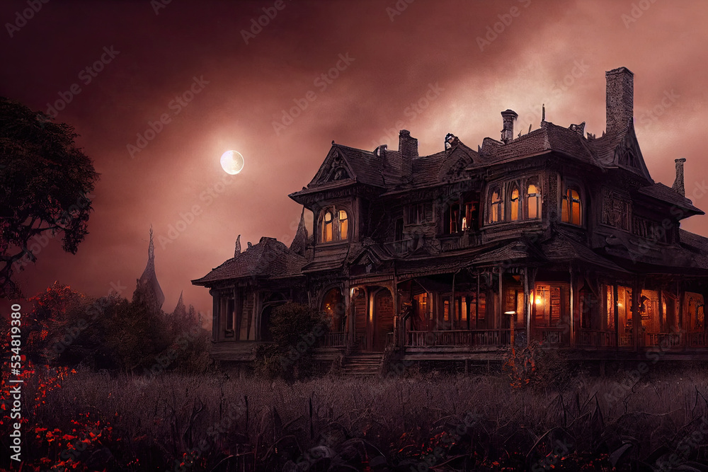 A huge victorian house of terror, with a fullmoon in the dark with