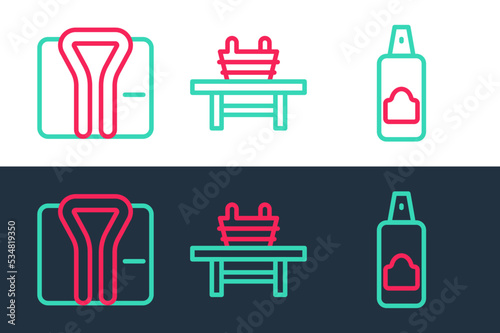 Set line Spray can for hairspray, Bathrobe and Sauna bench with bucket icon. Vector