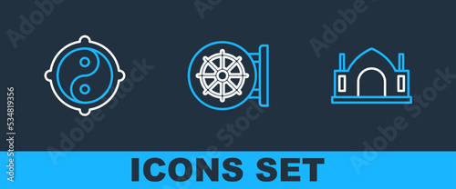 Set line Hindu spiritual temple, Yin Yang and Dharma wheel icon. Vector
