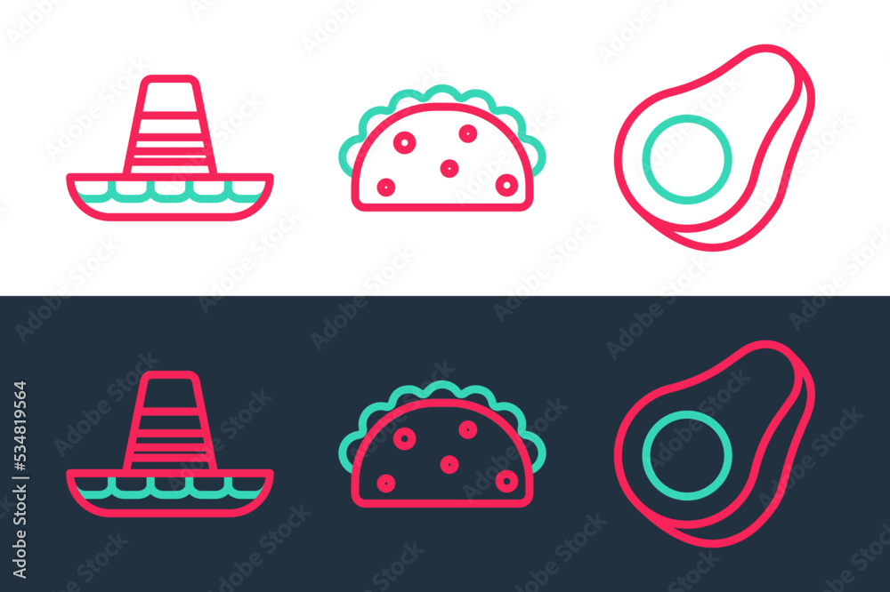 Set line Avocado fruit, Mexican sombrero and Taco with tortilla icon. Vector Set line Avocado fruit, Mexican sombrero and Taco with tortilla icon. Vector