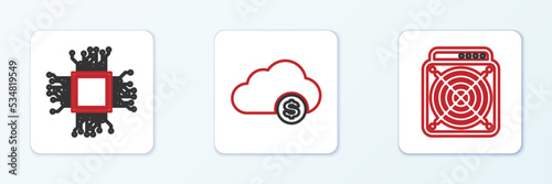 Set line ASIC Miner, Brain as digital circuit board and Cryptocurrency cloud mining icon. Vector