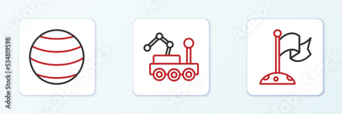 Set line Moon with flag, Planet and Mars rover icon. Vector