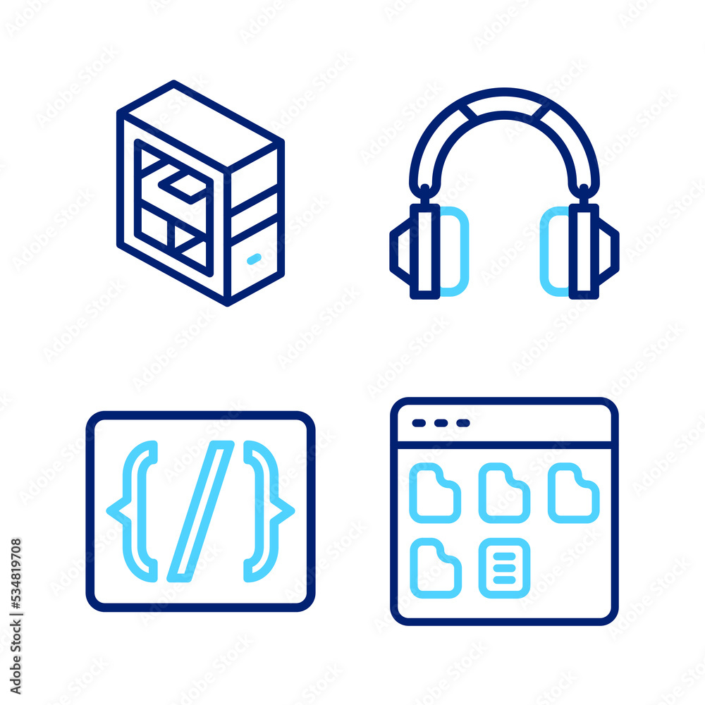 Set line Browser files, Programming language syntax, Headphones and Computer icon. Vector