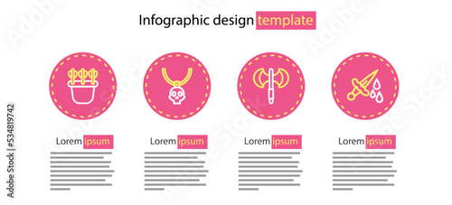Set line Medieval poleaxe, Sword with blood, Necklace amulet and Quiver arrows icon. Vector