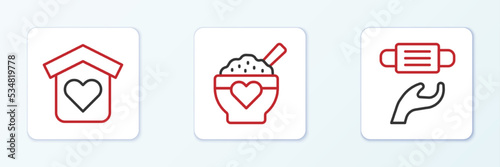 Set line Medical protective mask, Shelter for homeless and Donation food icon. Vector