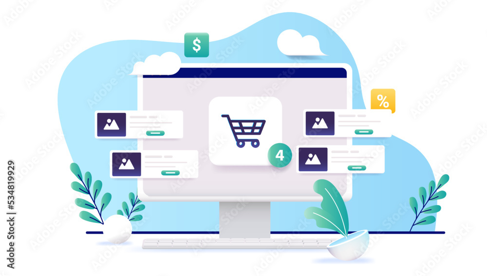 Online shop - Web shopping basket on computer screen. Vector ...