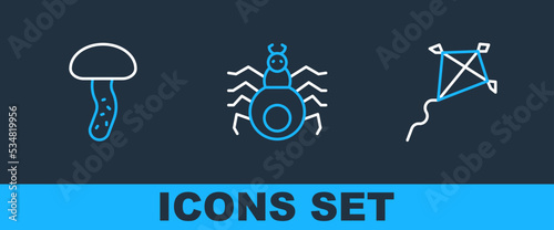 Set line Kite, Mushroom and Spider icon. Vector