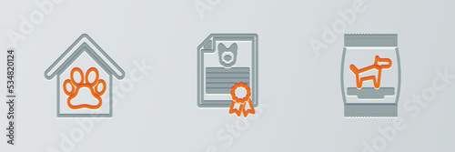 Set line Bag of food for dog, Dog house and paw print pet and Certificate cat icon. Vector