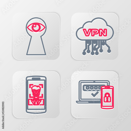 Set line Two steps authentication, Mobile and face recognition, Cloud VPN interface and Keyhole with eye icon. Vector