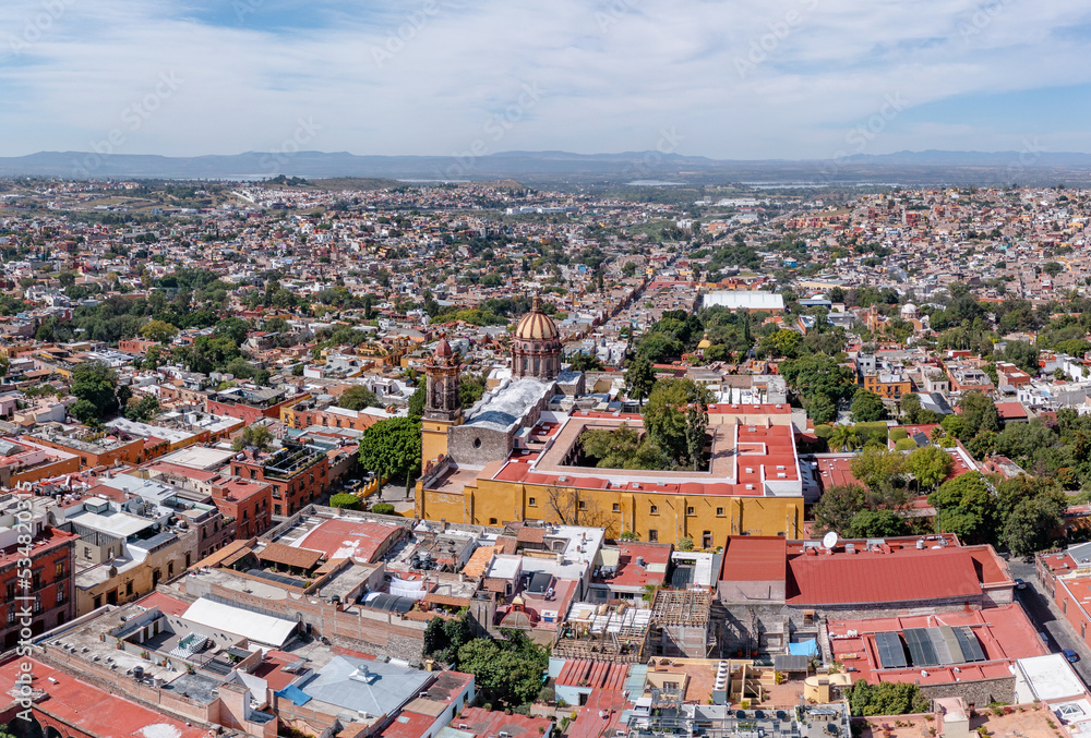 Aerial: epic cityscape and landscape in San Miguel de Allende, Mexico. Drone view

