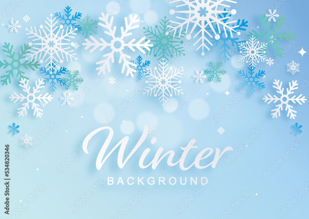 Snowflakes design for winter with snowflakes paper cut style on color background