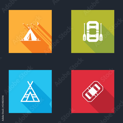 Set Tourist tent with flag, Rafting boat, and icon. Vector