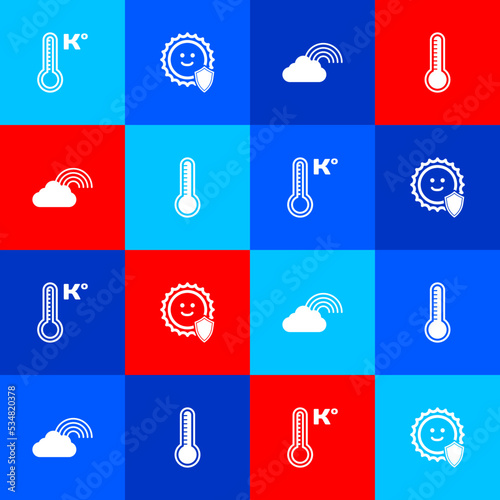 Set Meteorology thermometer, UV protection, Rainbow with cloud and icon. Vector