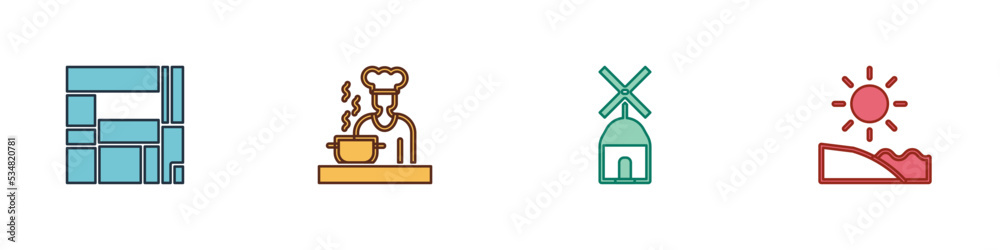 Set House Edificio Mirador, Spanish cook, Windmill and Beach icon. Vector Set House Edificio Mirador, Spanish cook, Windmill and Beach icon. Vector
