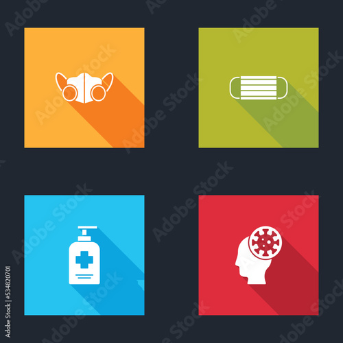 Set Medical protective mask, , Liquid antibacterial soap and Human and virus icon. Vector