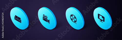 Set Isometric Camera and location, Film reel, Cinema camera and chair icon. Vector
