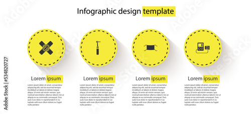 Set Crossed bandage plaster, Tooth drill, Medical protective mask and Blood pressure. Business infographic template. Vector