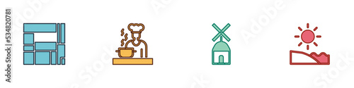 Set House Edificio Mirador, Spanish cook, Windmill and Beach icon. Vector