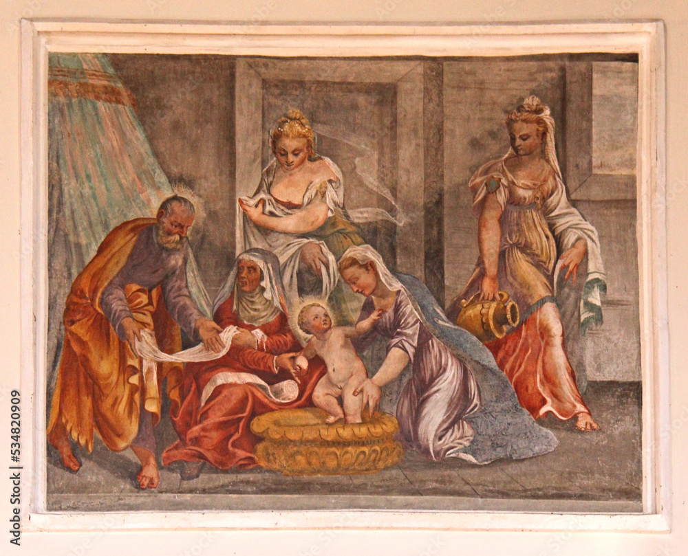 nascita di Maria. Affresco nella Chiesa parrocchiale di Civezzano in Valsugana (Trentino)