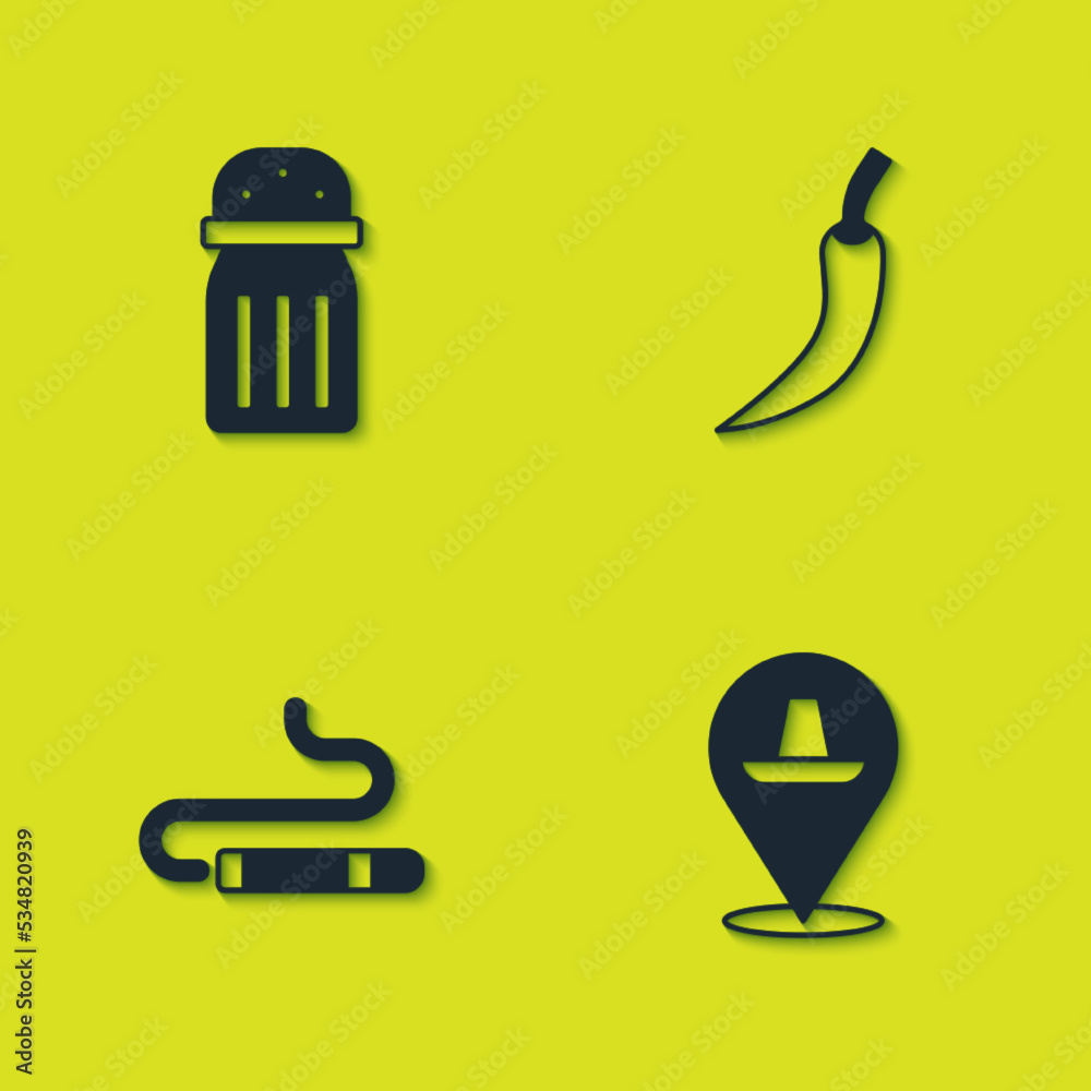 Set Salt, Mexican sombrero, Cigar and Hot chili pepper pod icon. Vector Set Salt, Mexican sombrero, Cigar and Hot chili pepper pod icon. Vector