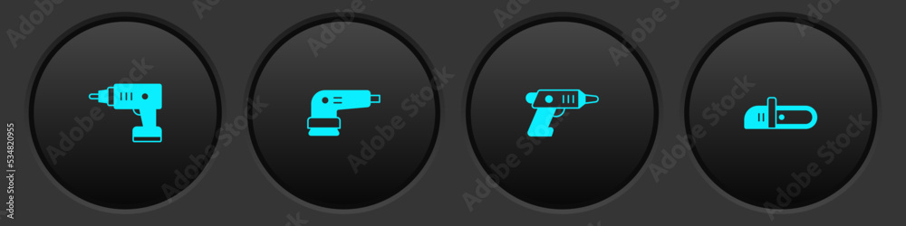 Set Electric cordless screwdriver, sander, and Chainsaw icon. Vector Set Electric cordless screwdriver, sander, and Chainsaw icon. Vector